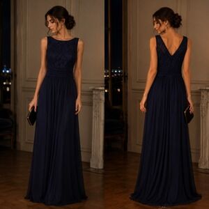 JH Evenings Navy‎ Blue Lace Bodice Ruched Waist Chiffon Gown Dress Size 12